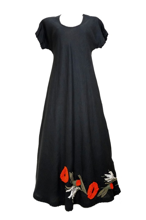 Rochie lunga din in, neagra, aplicatii florale cu maci,, Negru, 40