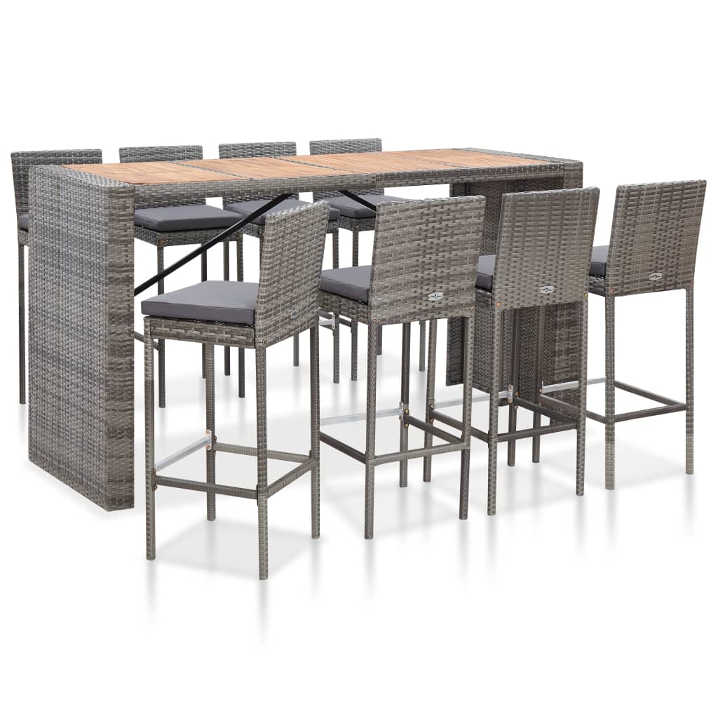 Set mobila gradina cu 9 piese vidaXL, Ratan si lemn de acacia, 200 x 80 x 110 cm Gri