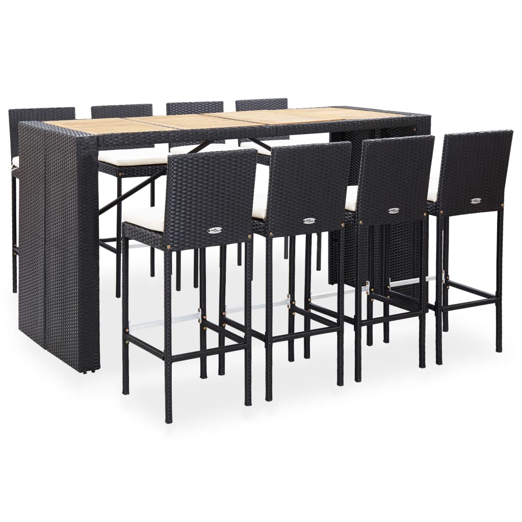 Set mobila gradina cu 9 piese vidaXL, Ratan si lemn de acacia, 200 x 80 x 110 cm Negru