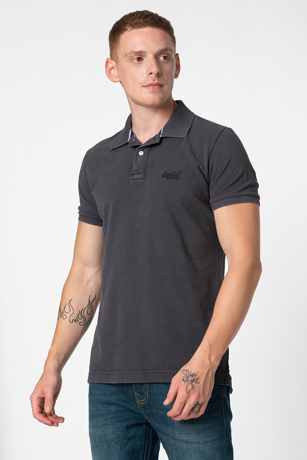 SUPERDRY, Tricou polo cu logo brodat pe piept, Gri inchis