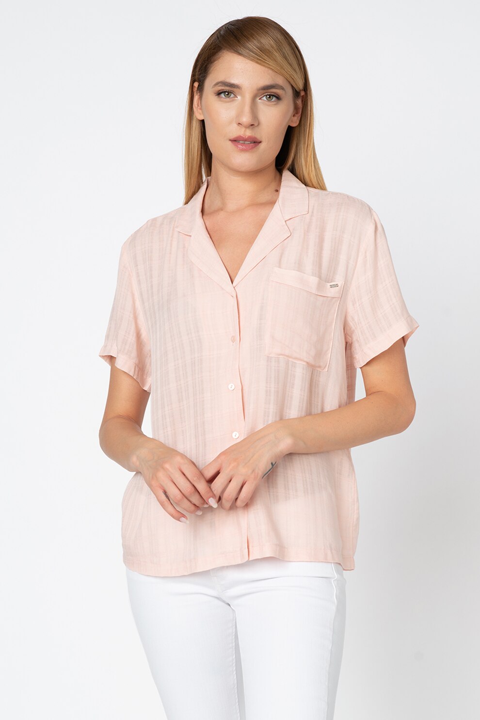 SUPERDRY, Camasa cu maneci scurte si buzunar pe piept Fleur Resort, Roz pastel, S