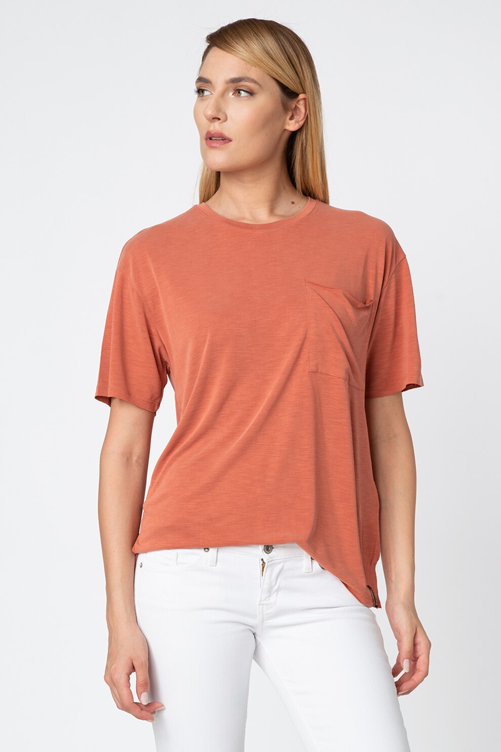 SUPERDRY, Tricou din amestec de modal cu buzunar pe piept, Oranj persan