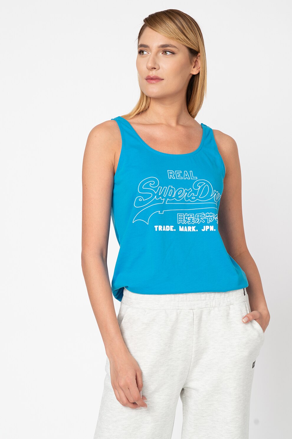 SUPERDRY, Top cu imprimeu logo, Albastru/Alb optic, XS