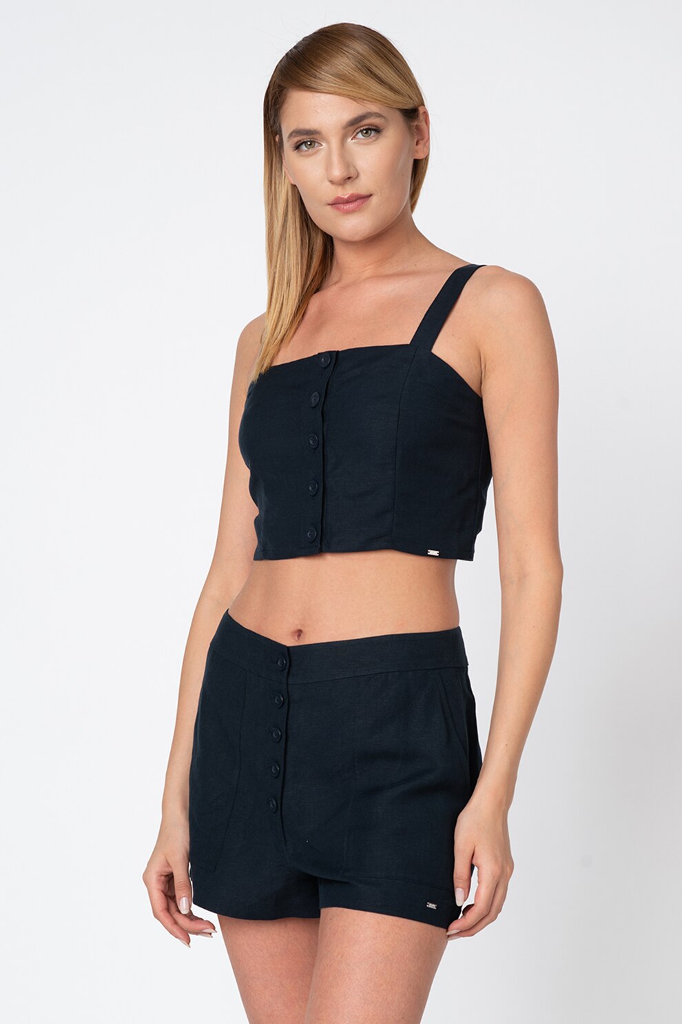 SUPERDRY, Top crop din amestec de in, cu nasturi, Bleumarin inchis