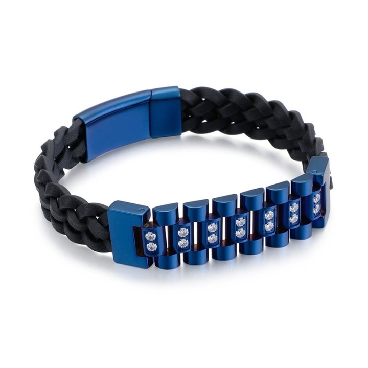 Bőr - acél férfi karkötő - kék, cirkoniaköves