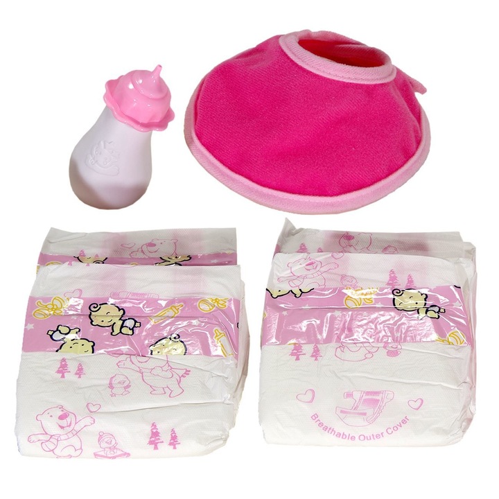 Set complet de accesorii pentru papusa bebelus cu biberon, babetica si 2 pampersi, pentru fete + 3 ani, ATS