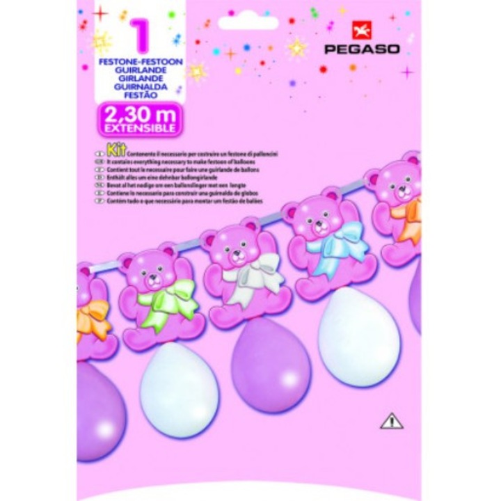 Lufi girland, fehér-rózsaszín, mackókkal, keresztelőre