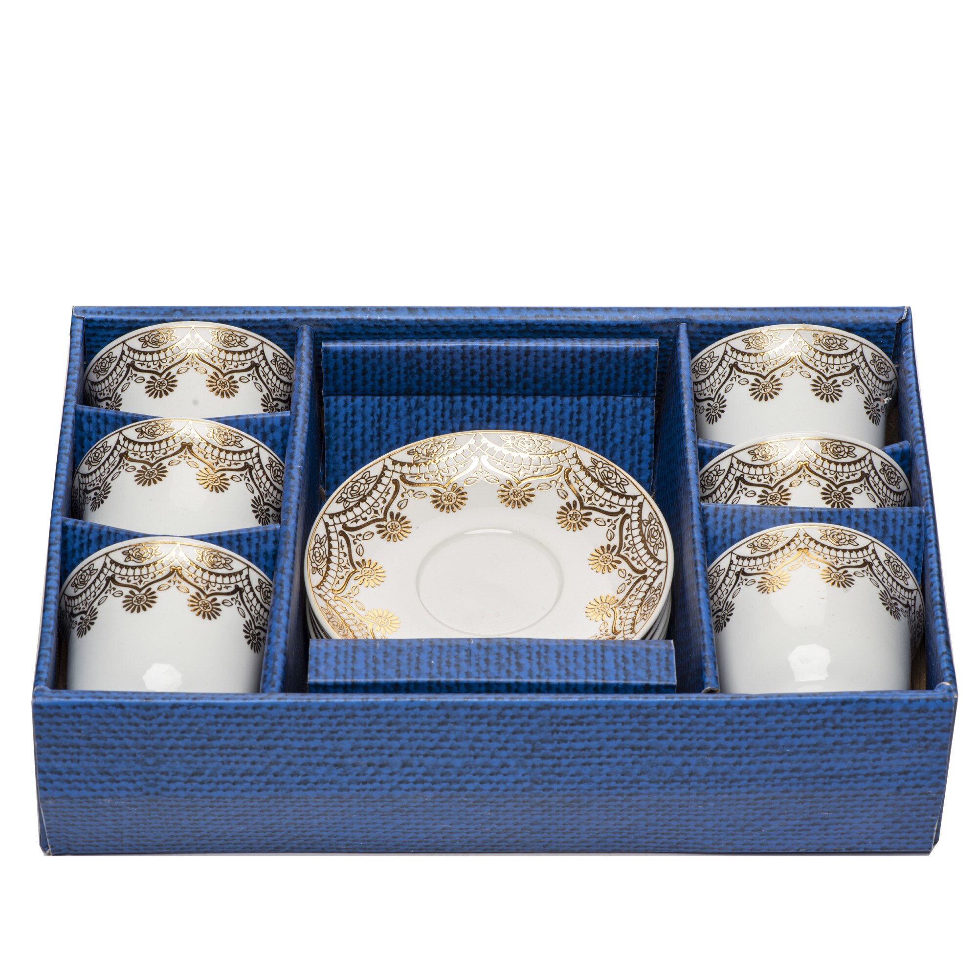 Set 6 cesti din portelan cu farfurii 'White & gold' I, 200 ml