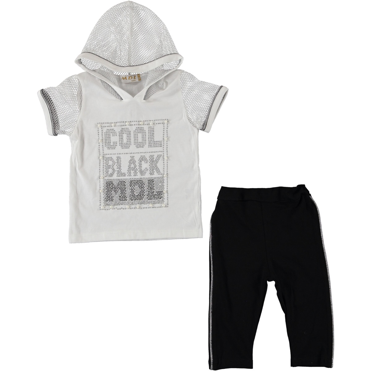 Compleu elegant vara Midili, tricou si pantaloni, bumbac, fete, alb cu bleumarin