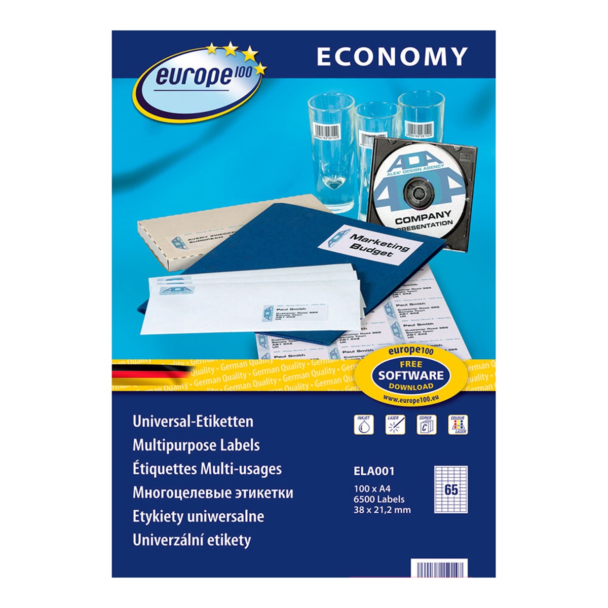 Etichete Avery Zweckform, ELA001, 38 x 21,2 mm, 65 etichete/coala, 100 de coli/ cutie, 6500 etichete/ cutie, Laser Copy Inkjet