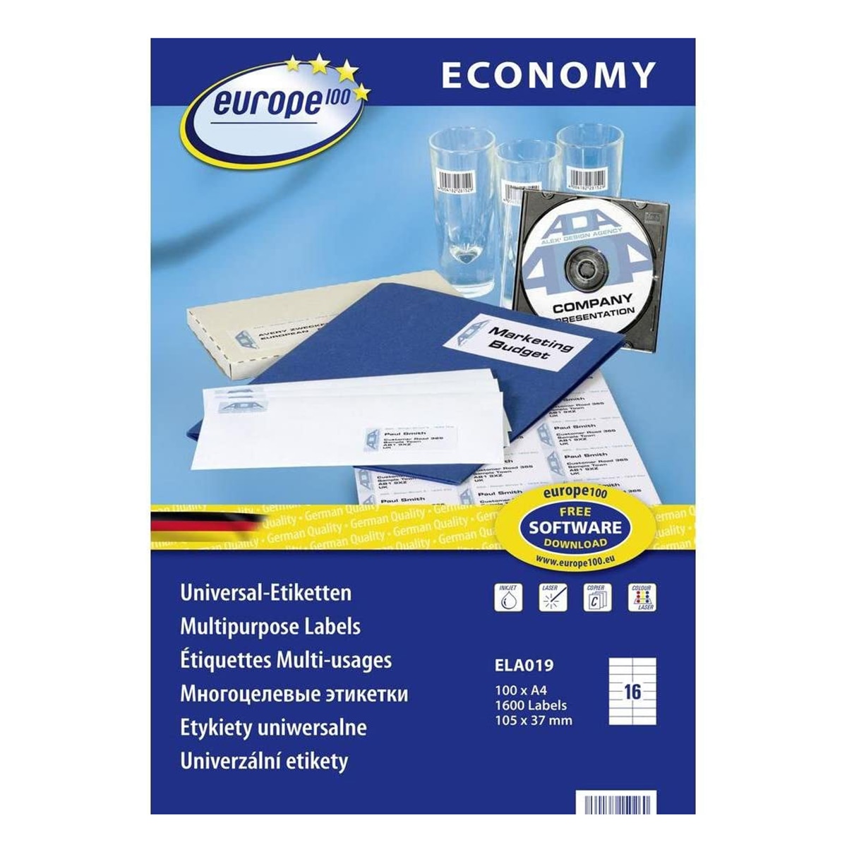 Etichete Avery Zweckform, ELA019, 105 x 37,1 mm, 16 etichete/coala, 100 de coli/ cutie, 1600 etichete/ cutie, Laser Copy Inkjet