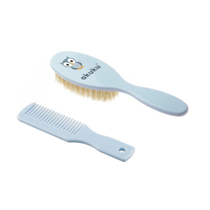 Set 2 piese pieptan si perie din par natural pentru bebelusi Akuku Bufnita A0457, Albastru