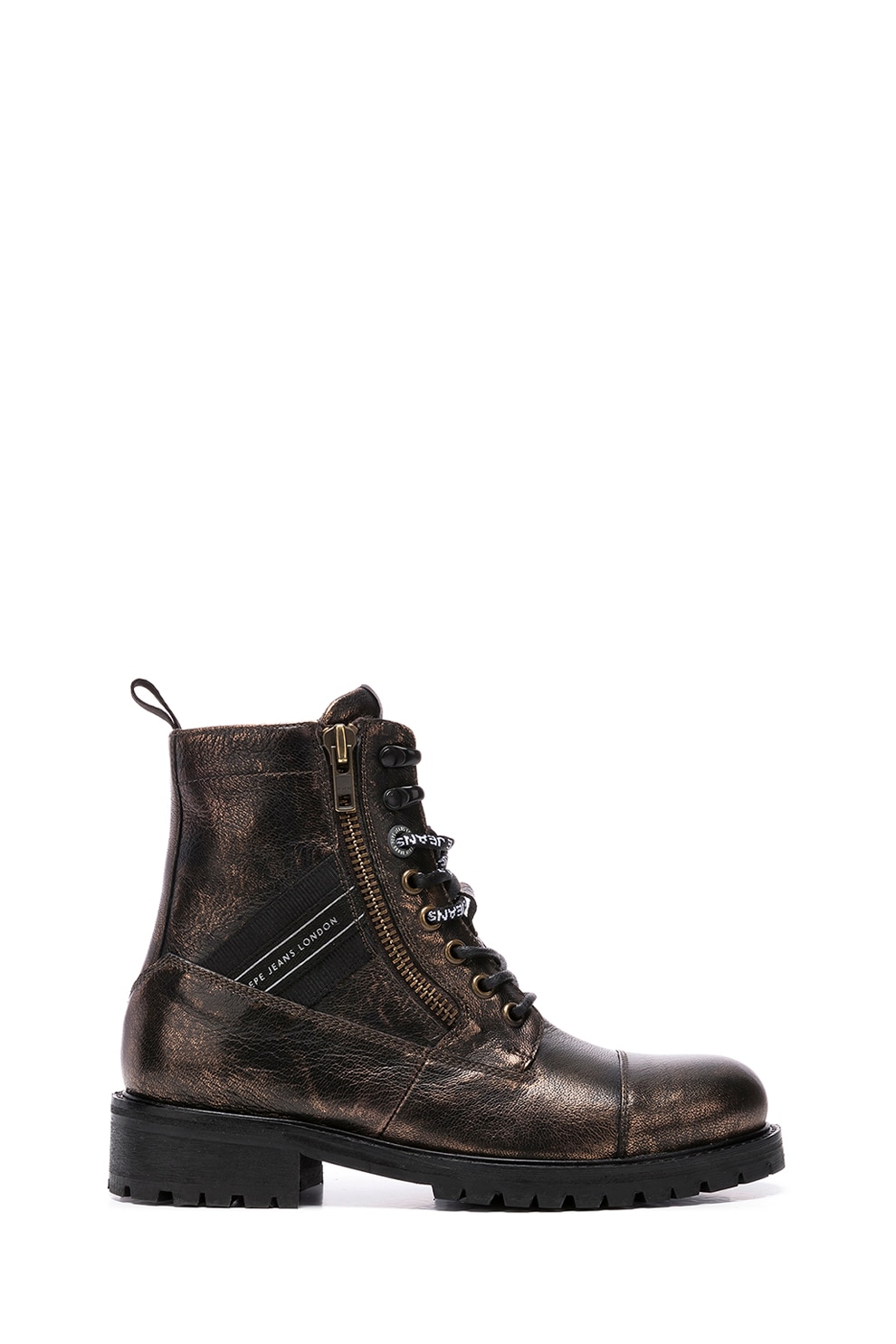 Pepe Jeans London, Ghete de piele cu aspect metalizat, Maro inchis, 37