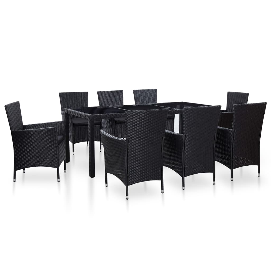 Set mobilier de gradina 9 piese, vidaXL, Poliratan/sticla, 190 x 90 x 75 cm, Negru