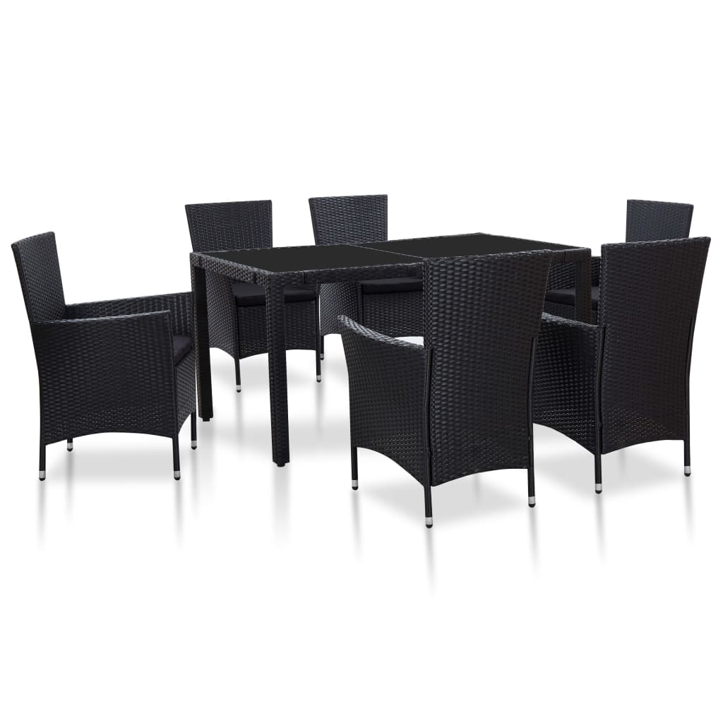 Set mobilier de gradina 7 piese, vidaXL, Poliratan/ sticla, 150 x 90 x 75 cm, Negru