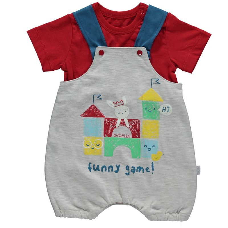 Set 2 piese cu tricou si salopeta, baieti, Bebetto, imprimeu Funny Animals, Rosu/Gri