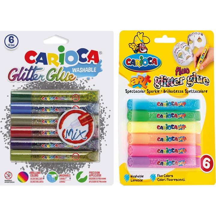 Ragasztócsomag csillámmal 6x10,5 ml / szett + Carioca fluoreszcens ragasztó, 6x10,5 ml / szett