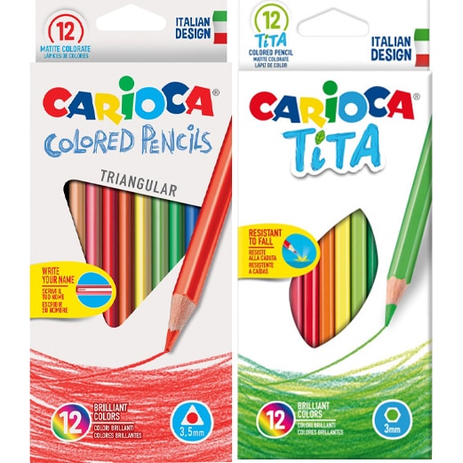 Комплект цветни моливи Carioca Tita, 12 броя/комплект + Цветни моливи  Carioca, Триъгълни, 12 броя/комплект 