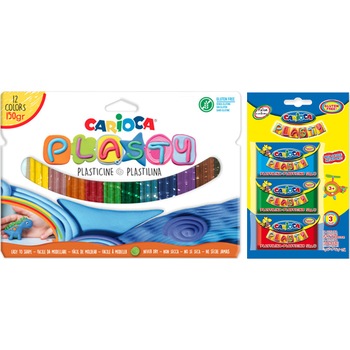 Pachet Plastilina Carioca Plasty 12 culori, 150 gr + Plastilina Carioca 3 buc/set, 3 x 60gr Pachet Plastilina Carioca Plasty 12 culori, 150 gr + Plastilina Carioca 3 buc/set, 3 x 60gr