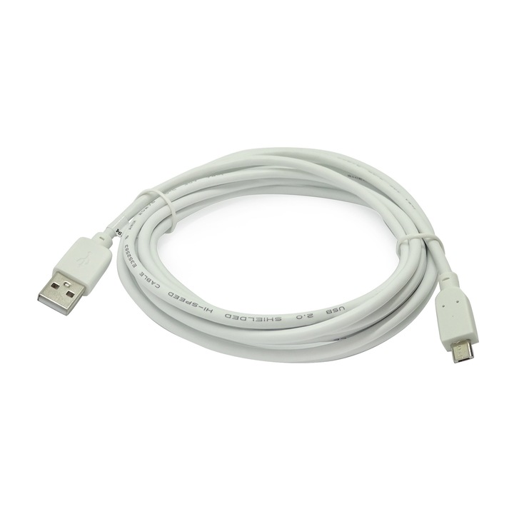 Кабел USB 2.0 - MicroUSB 2.0, 3м, бял