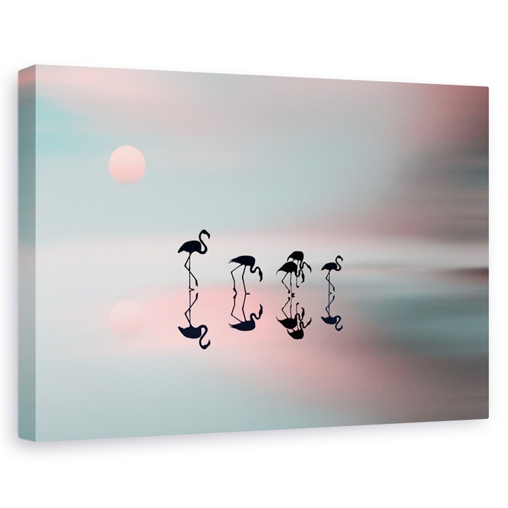 Tablou canvas - Familia de flamingo, Flori, Silueta, Soare, Roz, 80 x 120 cm