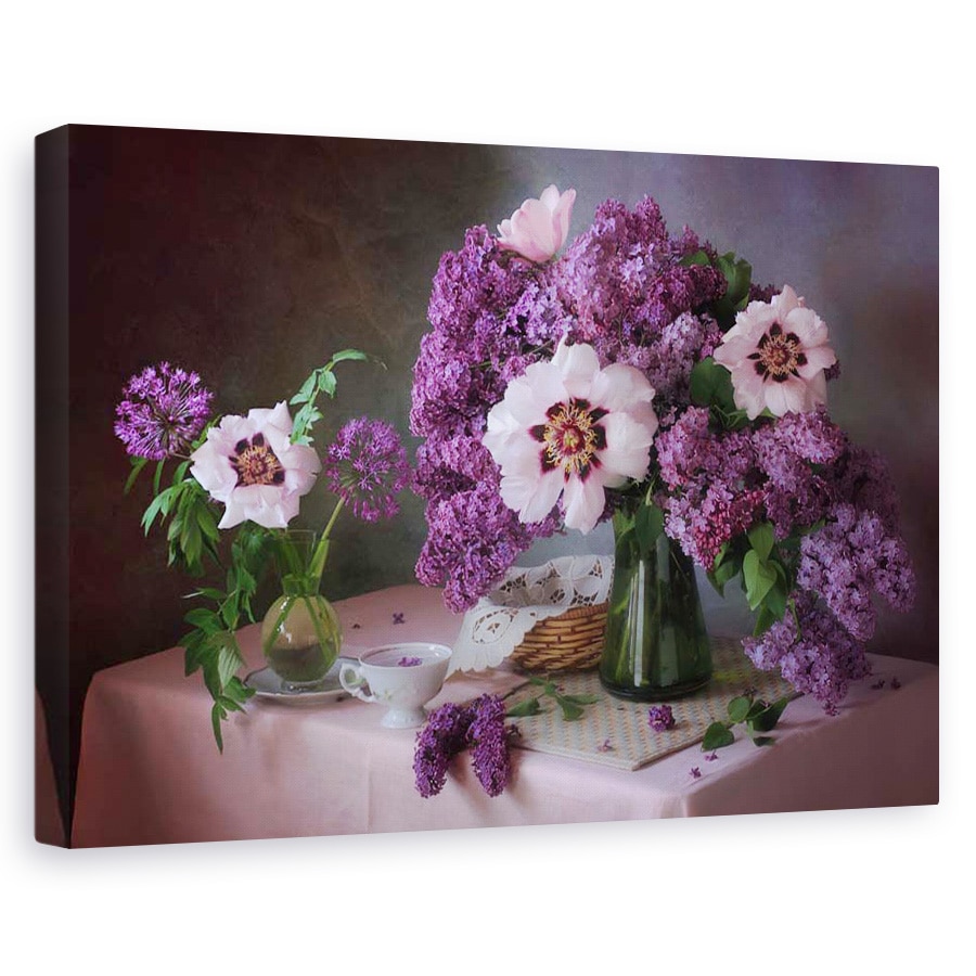 Tablou canvas - Natura statica cu liliac si bujori, Natura moarta, Violet, Flori, 60 x 90 cm