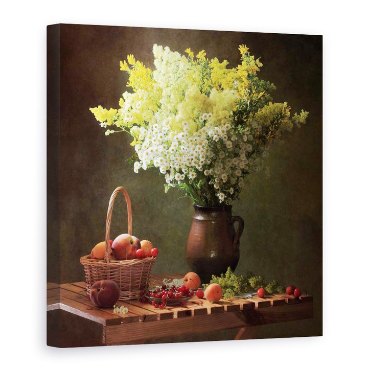 Tablou Canvas - Natura Moarta Cu Flori De Lunca, Fructe, 90 x 90 cm