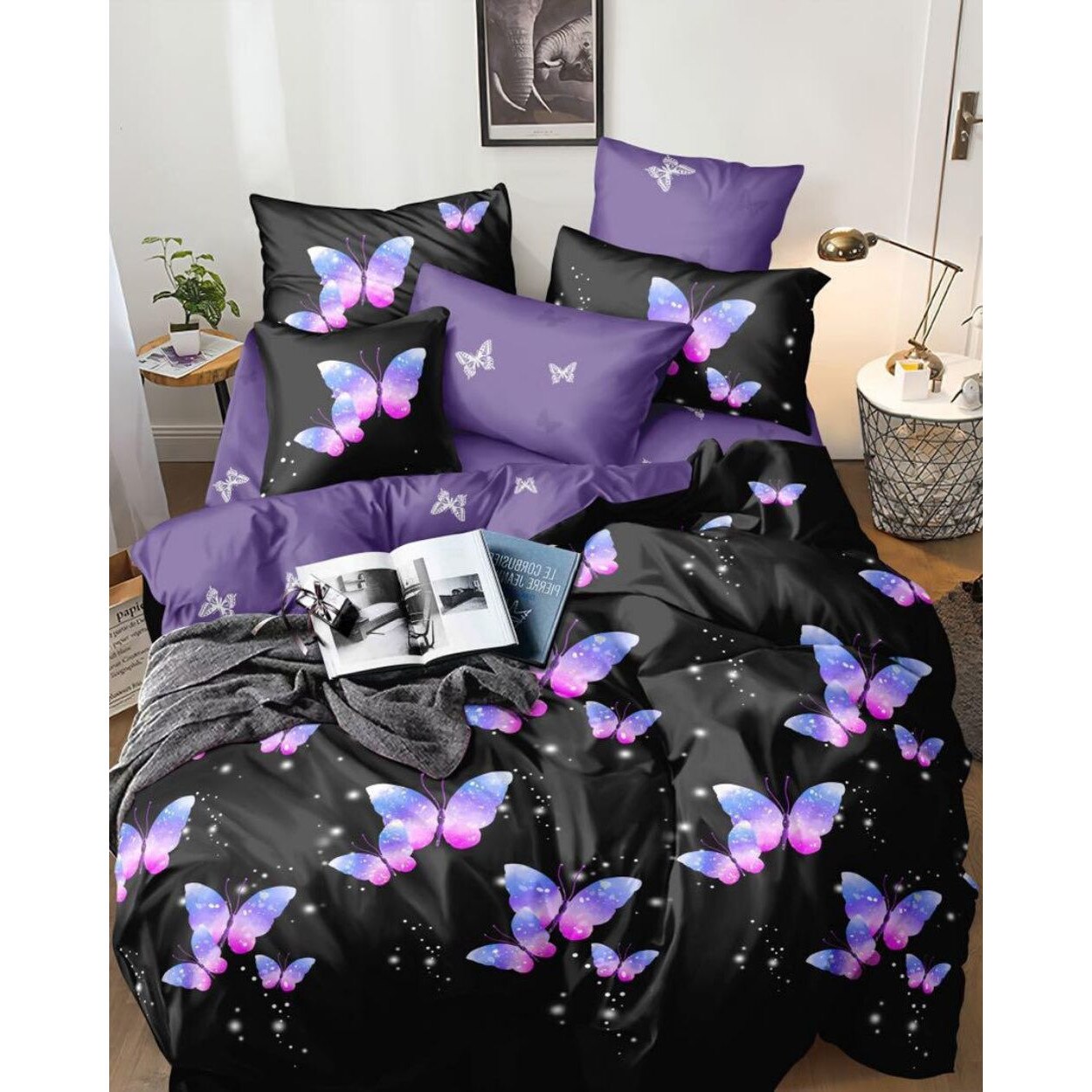 Set Lenjerie de Pat din Finet Satinat cu 2 Fete, 6 Piese, Pat 2 Persoane, FNJ-143