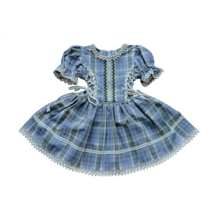Рустик рокля в синьо/сиво каре за малки момиченца