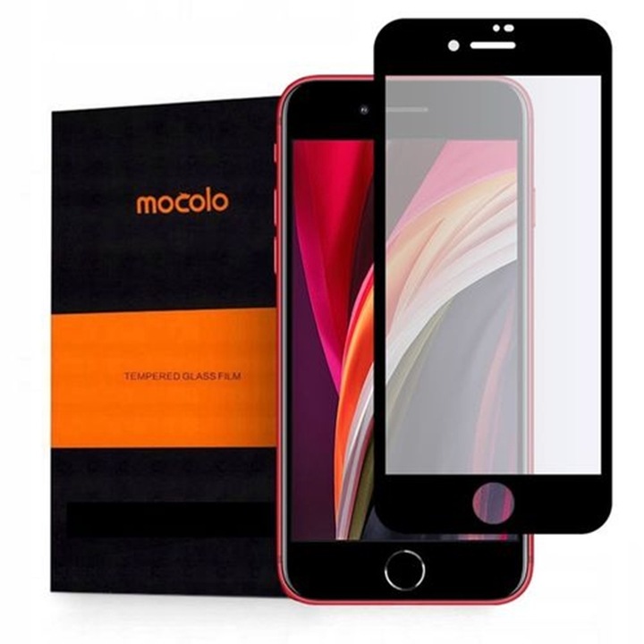 Üvegfólia iPhone 7 / 8 / SE 2020 - MOCOLO full glue, kemény tokbarát fólia fekete kerettel