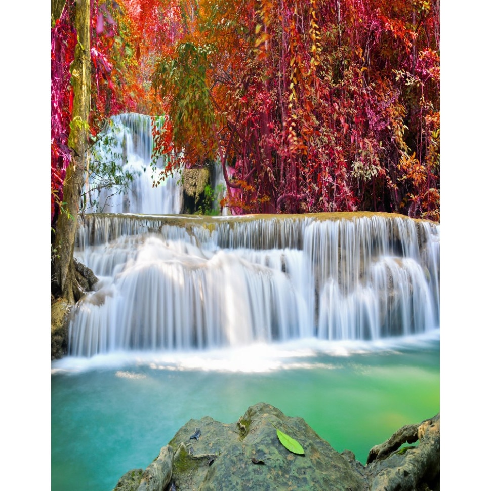 Fototapet de perete autoadeziv si lavabil Cascada in padurea rosie, 135 x 225 cm