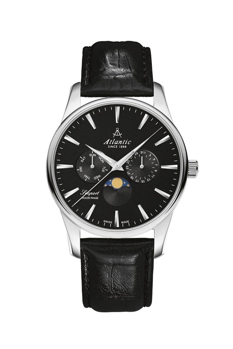 Atlantic, Мултифункционален часовник с кожена каишка, Черен