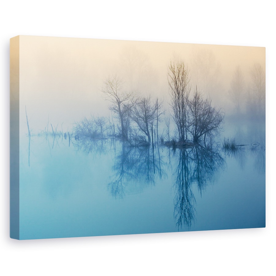 Tablou canvas - Reflectie matinala, Peisaj, Lac, Ceata, Albastru, 60 x 90 cm