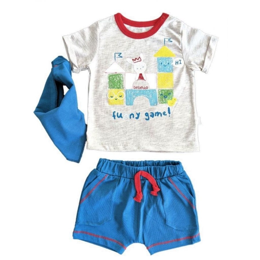 Set 3 piese tricou, pantalon scurt si baveta, Bebetto - Funny Animals, Gri/Albastru