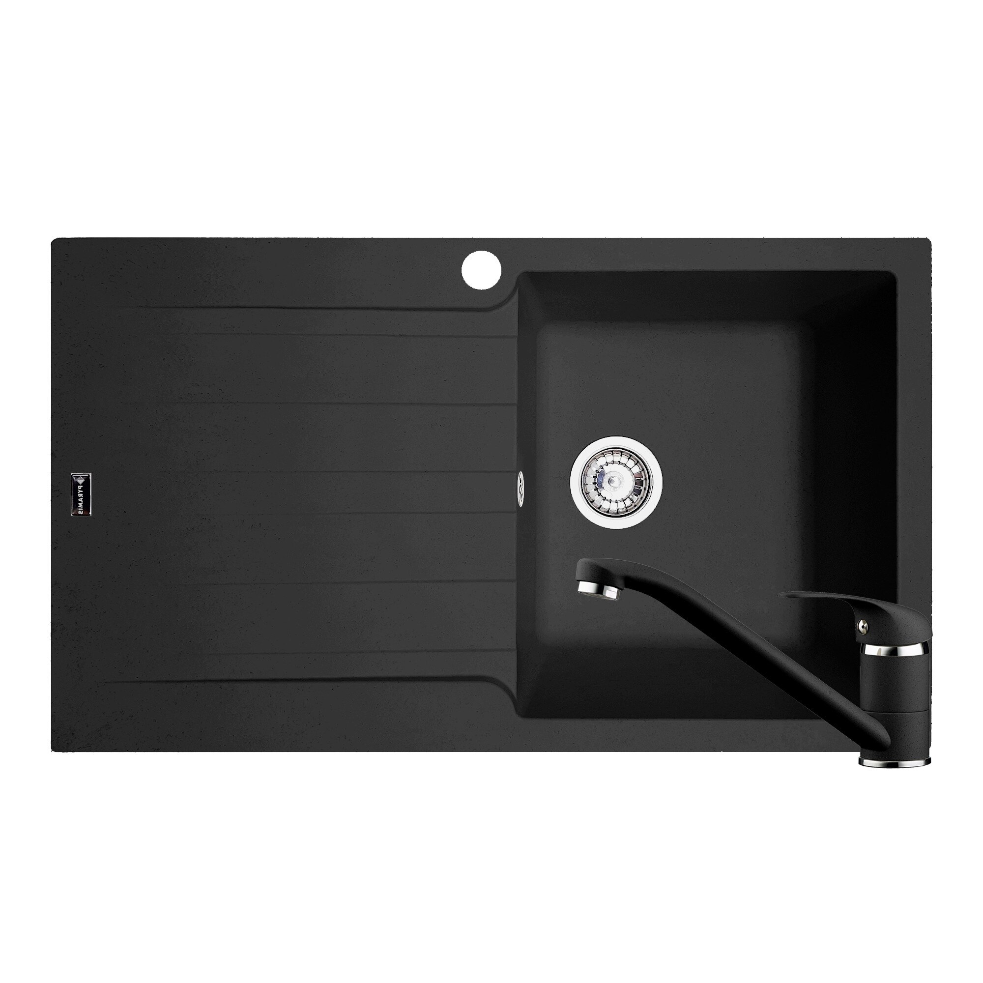 Pachet chiuveta si baterie Pyramis SIERRA Artithek, 860x500mm, adancime 210mm, cuva dreapta, pipa lunga, soft compozit negru