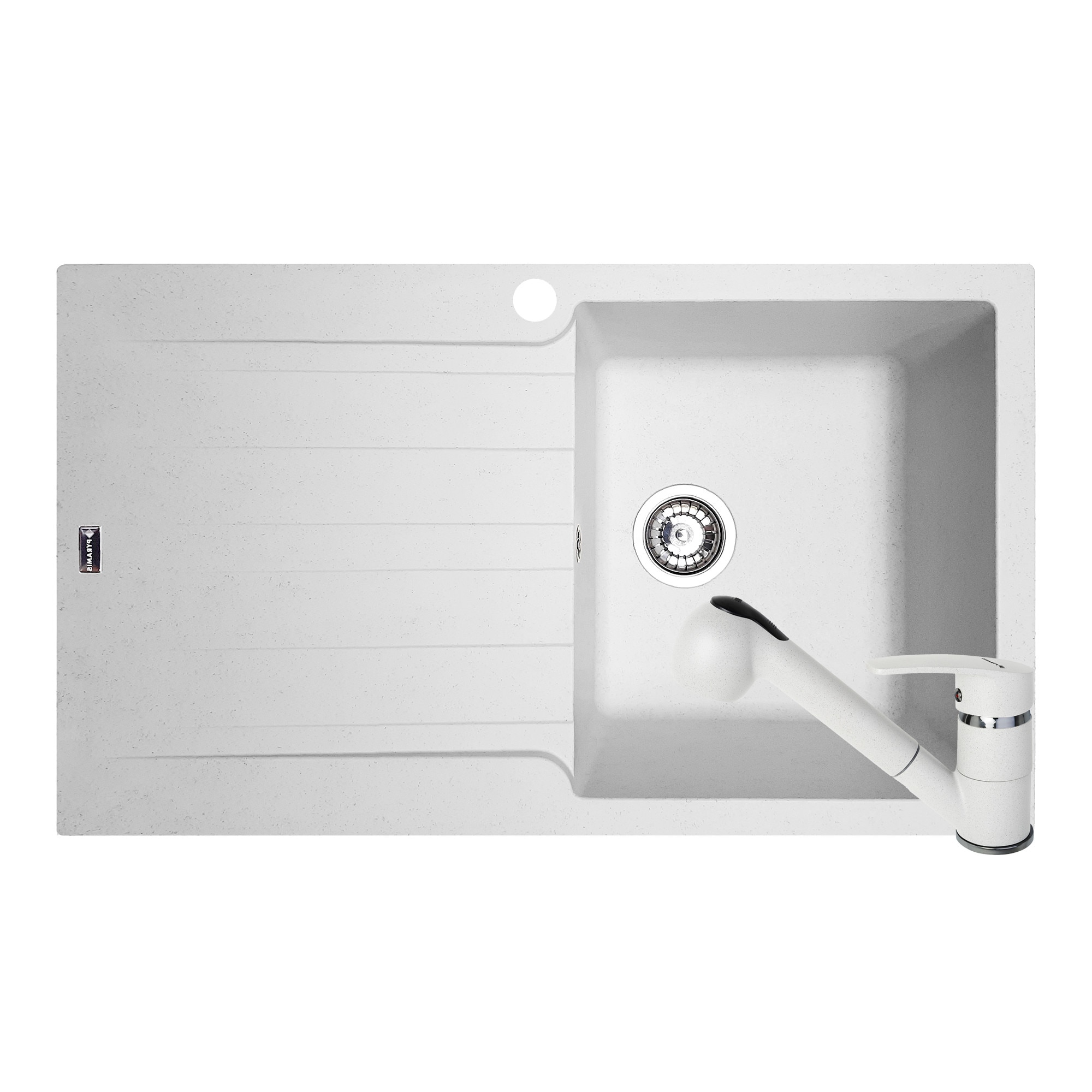 Pachet chiuveta si baterie cu dus Pyramis SIERRA Durothek, 860x500mm, adancime 210mm, cuva dreapta, soft compozit alb