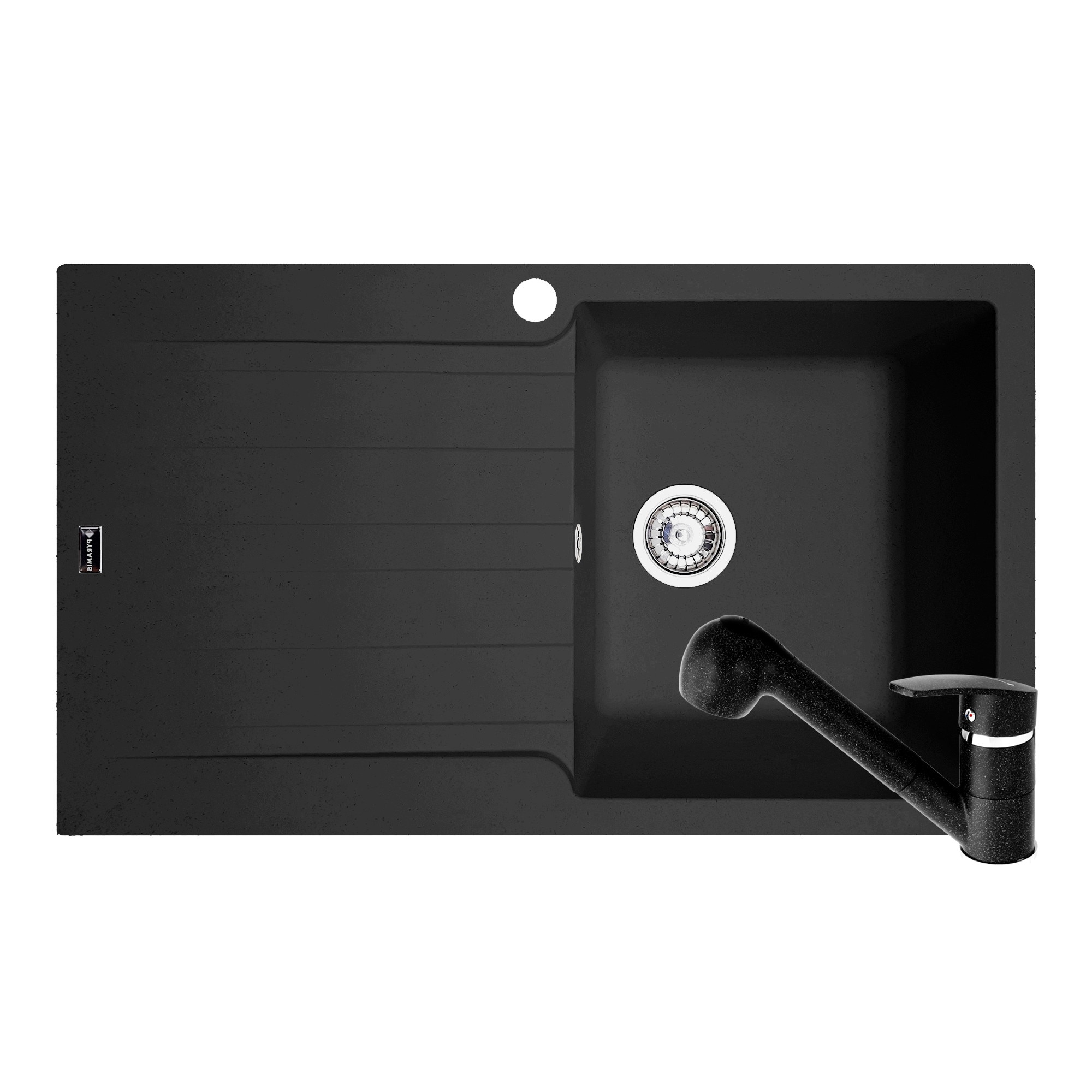 Pachet chiuveta si baterie cu dus Pyramis SIERRA Artithek, 860x500mm, adancime 210mm, cuva dreapta, soft compozit negru