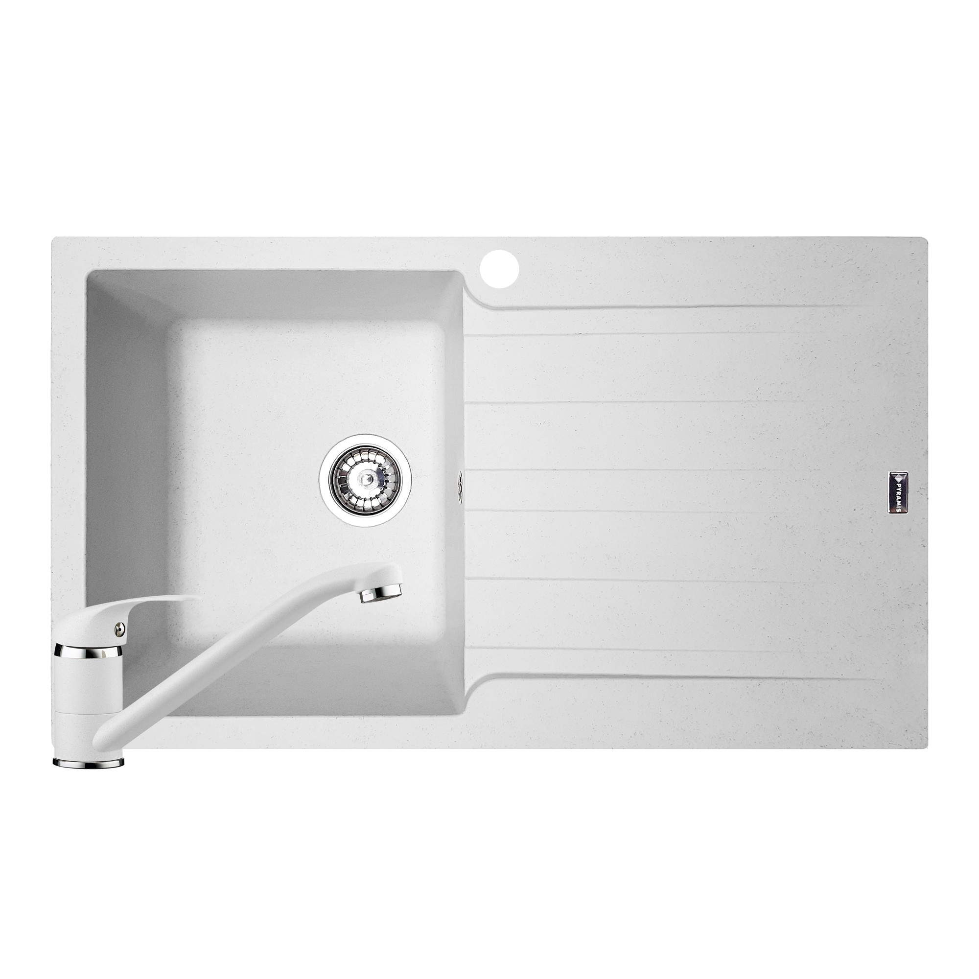 Pachet chiuveta si baterie Pyramis SIERRA Durothek, 860x500mm, adancime 210mm, cuva stanga, pipa lunga, soft compozit alb