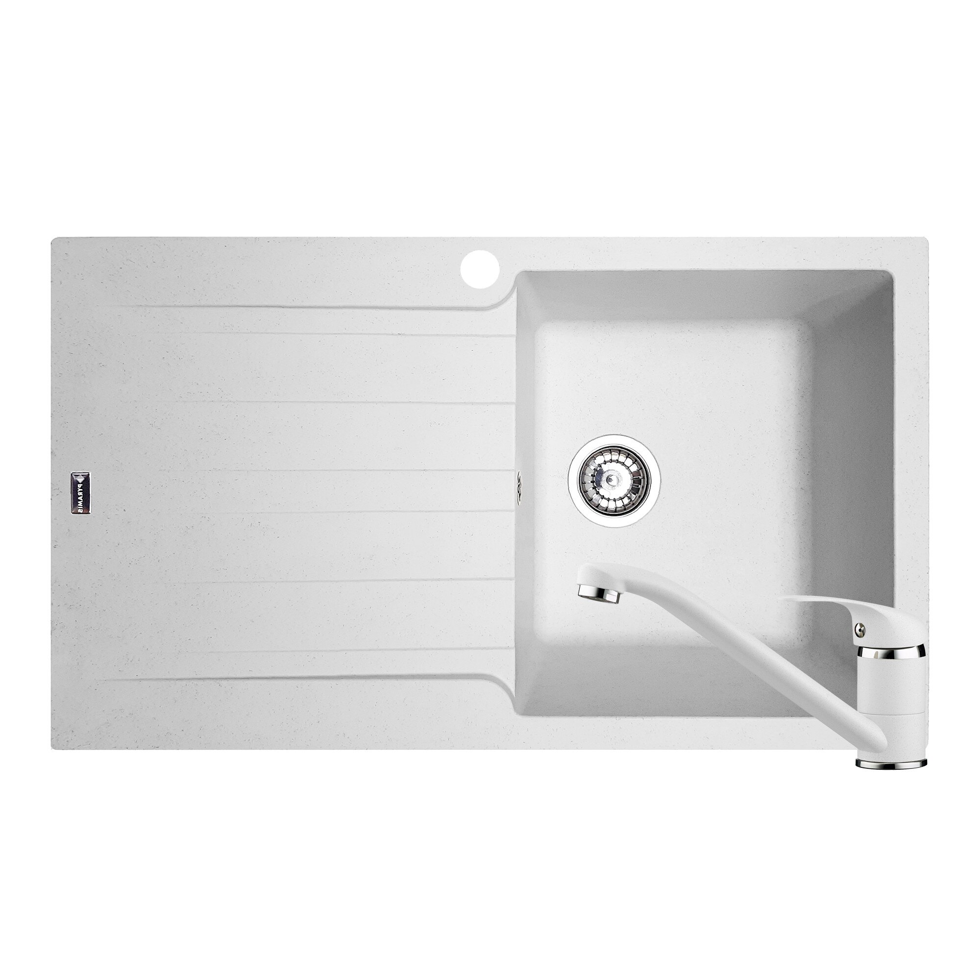 Pachet chiuveta si baterie Pyramis SIERRA Durothek, 860x500mm, adancime 210mm, cuva dreapta, pipa lunga, soft compozit alb