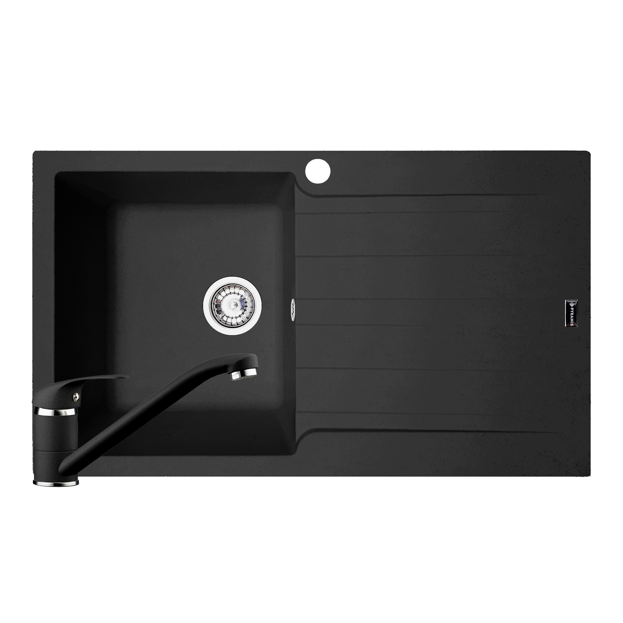 Pachet chiuveta si baterie Pyramis SIERRA Artithek, 860x500mm, adancime 210mm, cuva stanga, pipa lunga, soft compozit negru