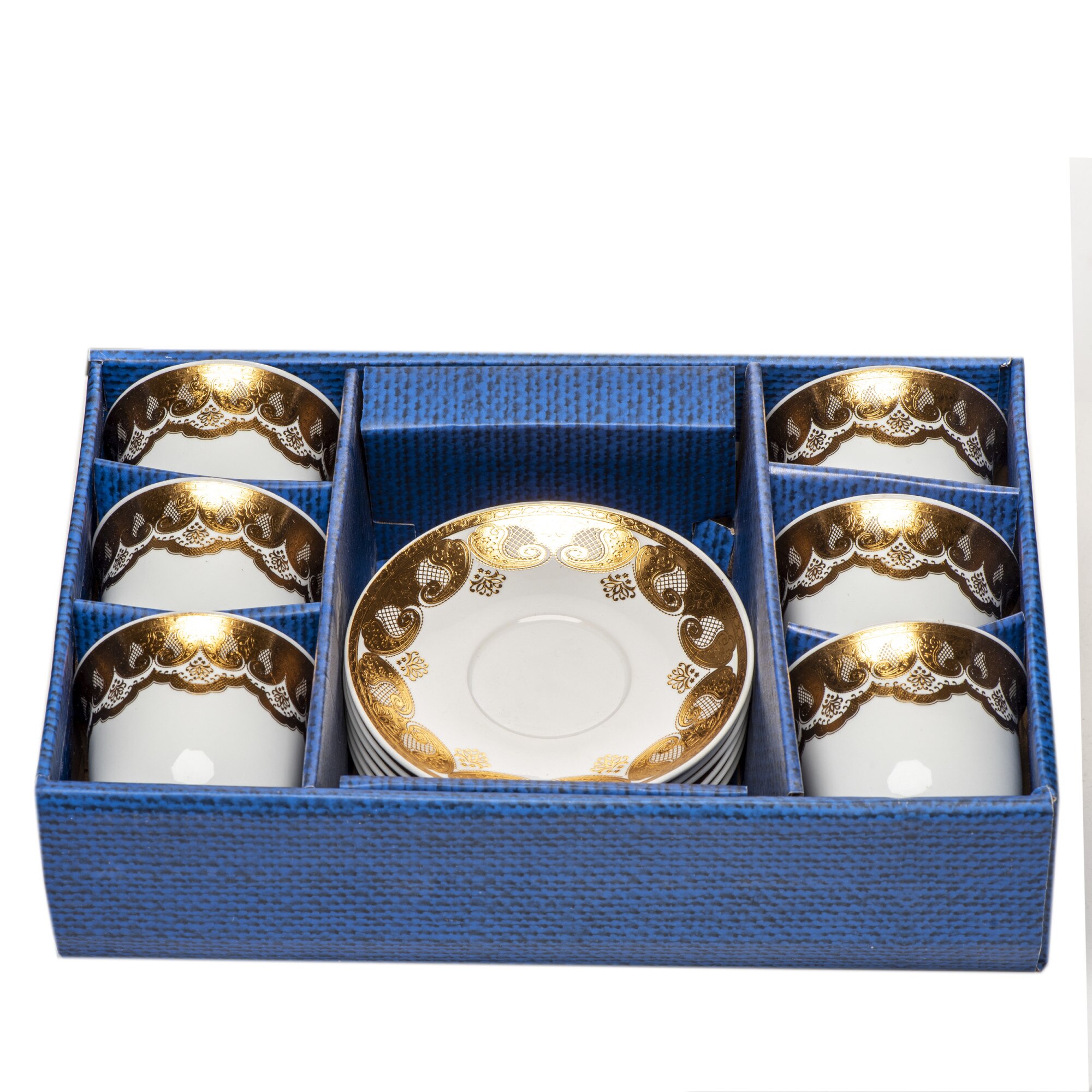 Set 6 cesti din portelan cu farfurii 'White & gold' II, 200 ml