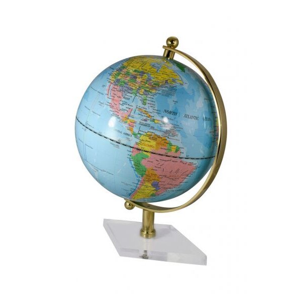 Glob terestru Sea Club, albastru deschis, cadru din alama, baza acriliica, H19.5 cm