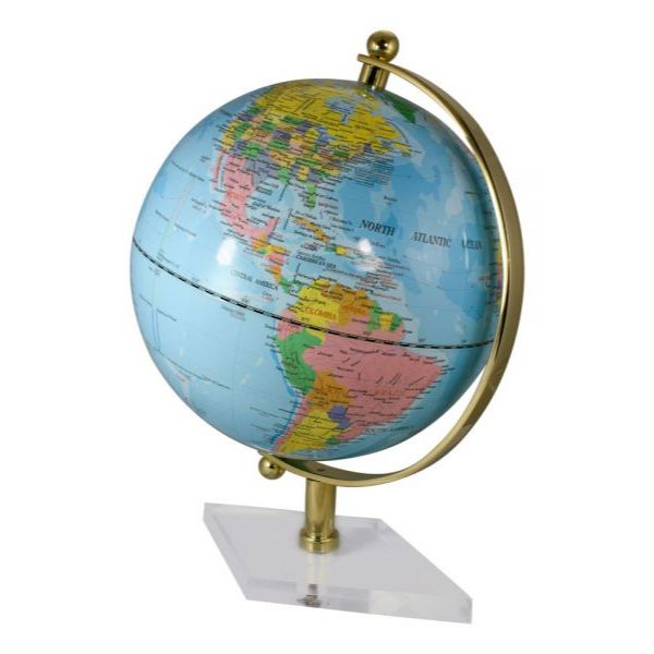 Glob terestru Sea Club, cadru alama , baza acrilica, albastru deschis, H44 cm