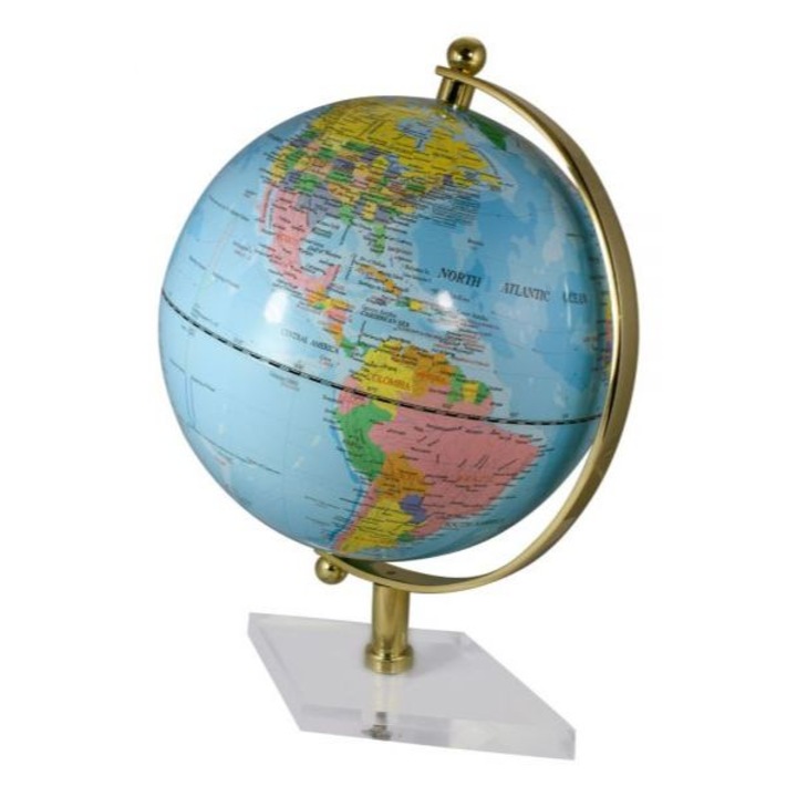 Glob terestru Sea Club, cadru alama , baza acrilica, albastru deschis, H44 cm