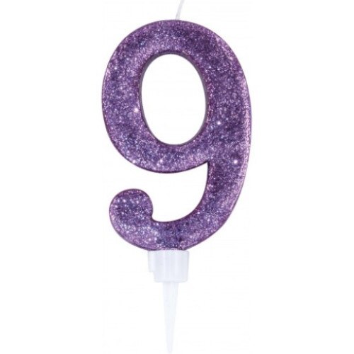 Lumanare pentru tort, cifra 9, mov, cu sclipici, 12 cm