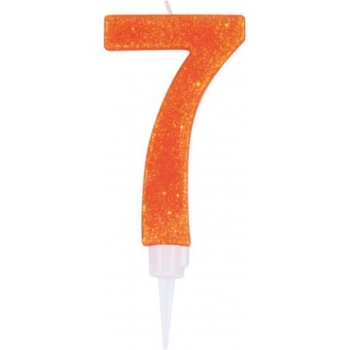 Lumanare pentru tort, cifra 7, portocaliu, cu sclipici, 12 cm Lumanare pentru tort, cifra 7, portocaliu, cu sclipici, 12 cm