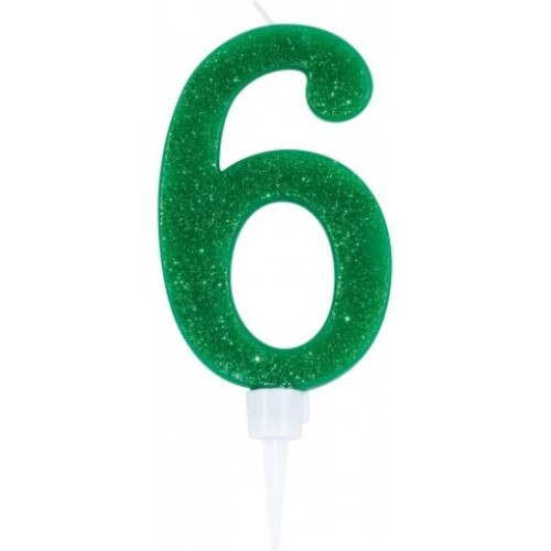 Lumanare pentru tort, cifra 6, verde, cu sclipici, 12 cm