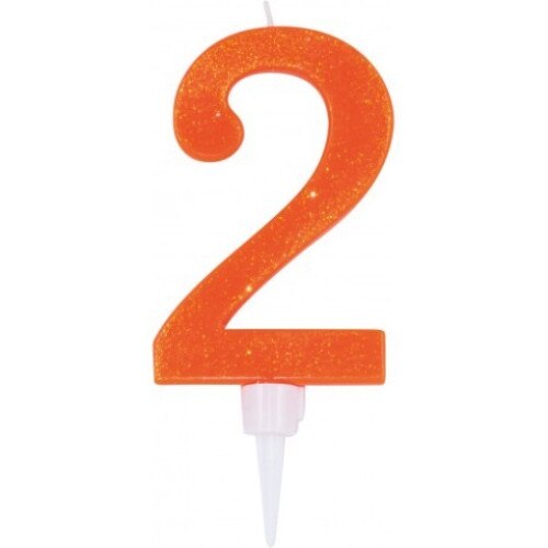 Lumanare pentru tort, cifra 2, portocaliu, cu sclipici, 12 cm