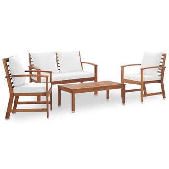 Set mobilier de gradina 4 piese masa cu scaune si perne, vidaXL, Lemn de acacia, 120 x 61 x 81 cm, Maro/Alb Set mobilier de gradina 4 piese masa cu scaune si perne, vidaXL, Lemn de acacia, 120 x 61 x 81 cm, Maro/Alb