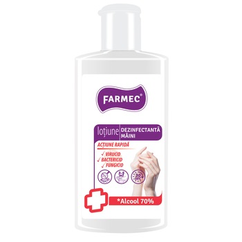 Lotiune dezinfectanta Farmec pentru maini, cu 70% alcool, efect antibacterian, 150 ml Lotiune dezinfectanta Farmec pentru maini, cu 70% alcool, efect antibacterian, 150 ml